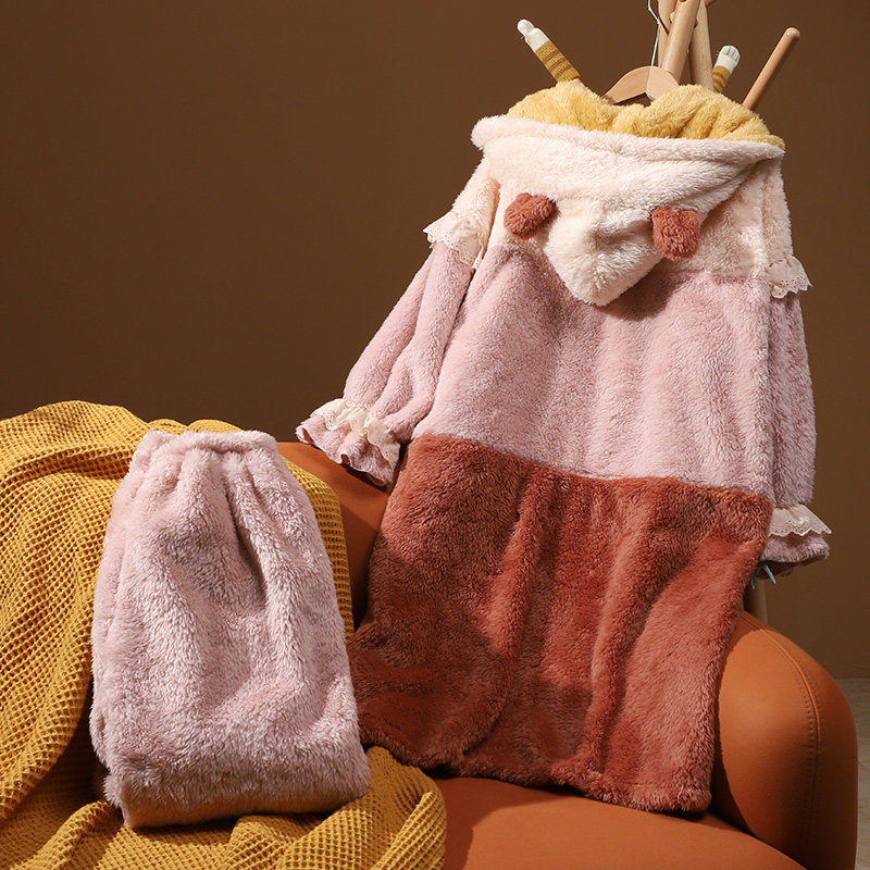 珊瑚绒加绒保暖长款裙袍睡袍 熙泽陌睡衣/家居服套装