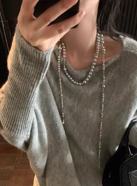 欧阳不规则串珠设计感灰珍珠项链女小众高级感长款毛衣链叠戴颈链