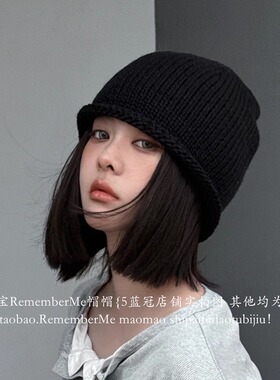 禁欲系黑色卷边针织帽好戴显脸小