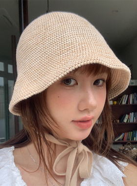 倪妮同款系带蓝绿色渔夫帽透气夏