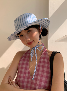 早春航海系蓝色条纹系带渔夫帽子
