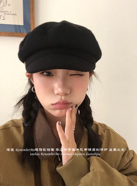 定制金扣毛呢小众平顶报童帽韩！