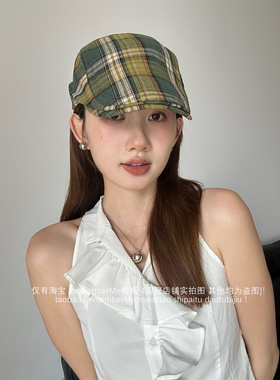 百搭气质卡其格子前进帽显白绿格