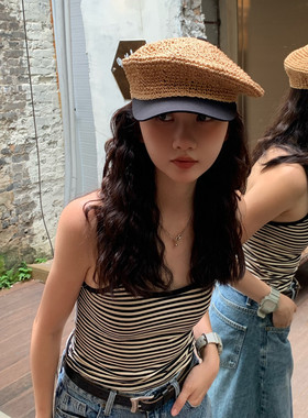 时尚拼接草编八角帽女夏季出游潮