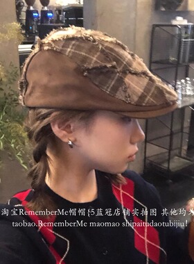 小众复古割破设计流苏格纹前进帽