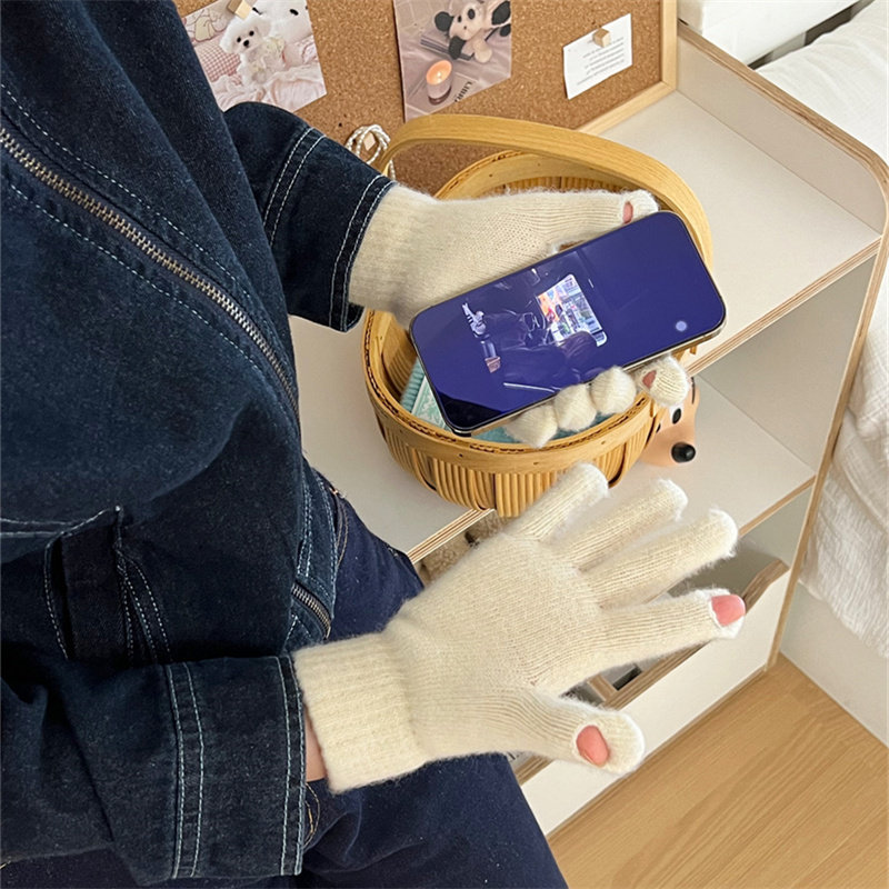 【颜色都好看】ins同款羊毛混纺手套女字母贴布五指防寒骑行手套