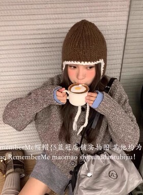 韩系小辫子撞色针织护耳飞行帽潮