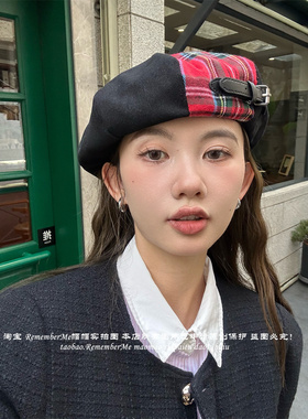 适合方圆脸小皮扣设计黑色贝雷帽