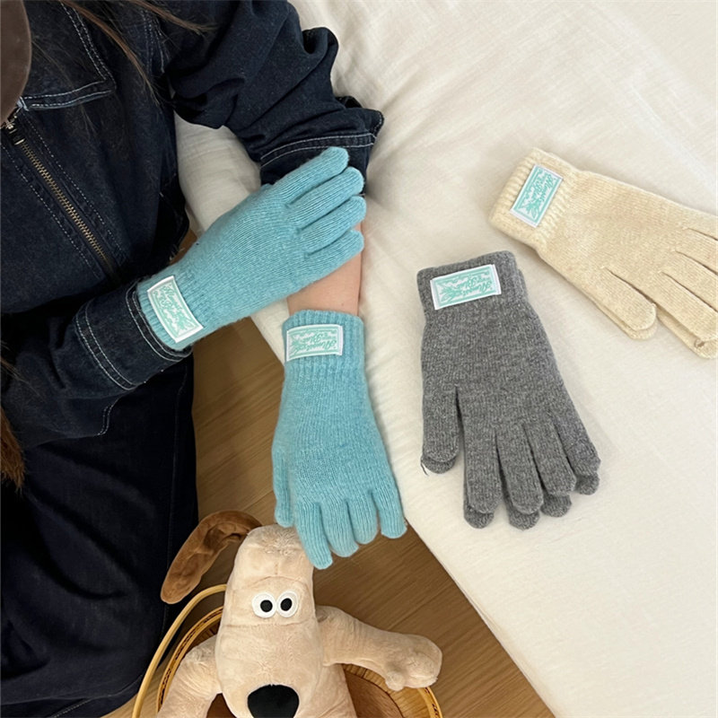 【颜色都好看】ins同款羊毛混纺手套女字母贴布五指防寒骑行手套