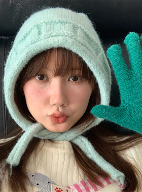 冬季旅游出片显白蓝色针织帽保暖