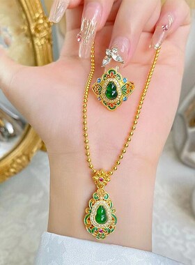 古法豪华点钻绿宝葫芦福气戒指吊坠古风古韵百搭项链高级感圆珠链