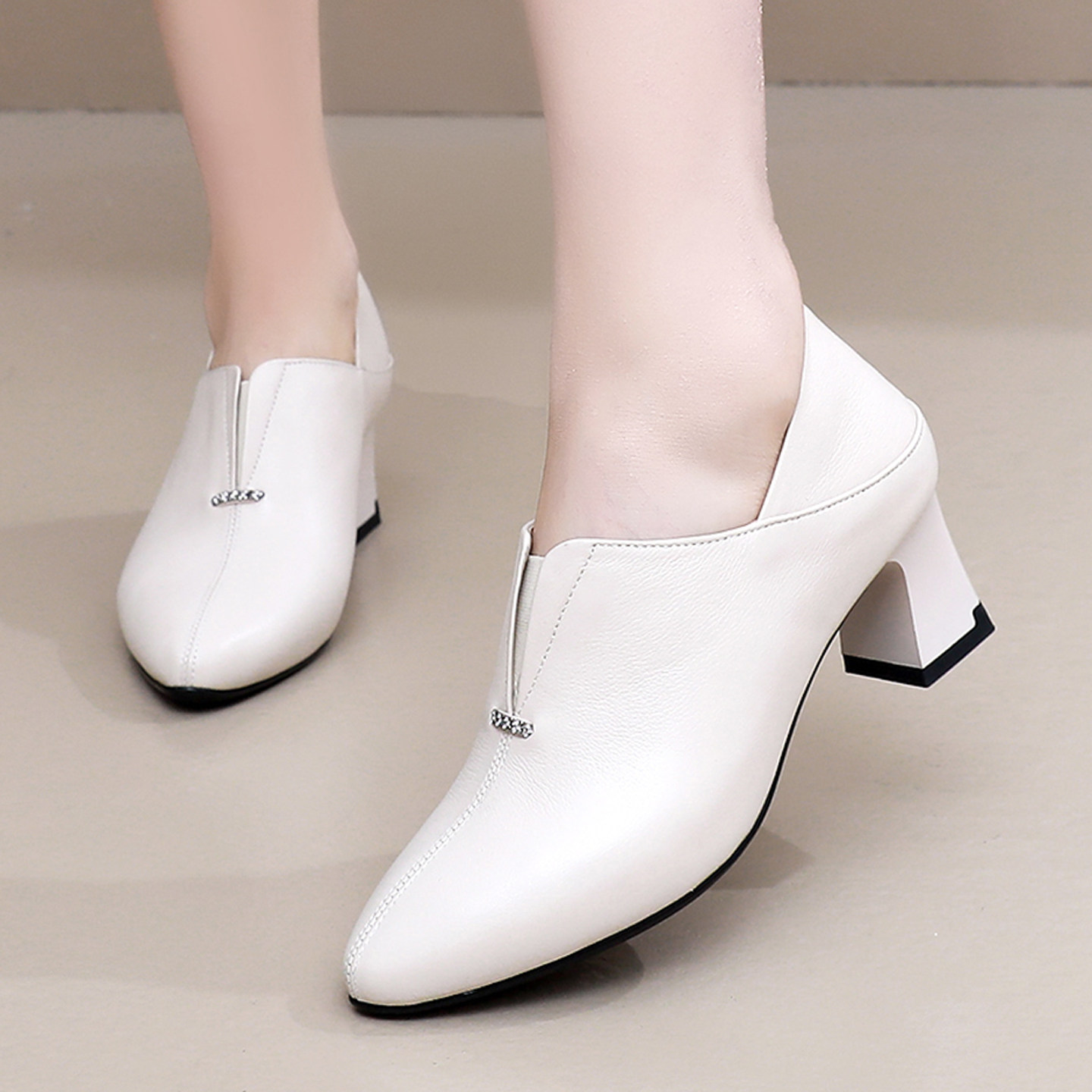 真皮粗跟单鞋春秋时尚尖头工作鞋小码3233女鞋两穿软底深口小皮鞋,淘宝优惠券,粉丝福利购,淘宝优惠卷