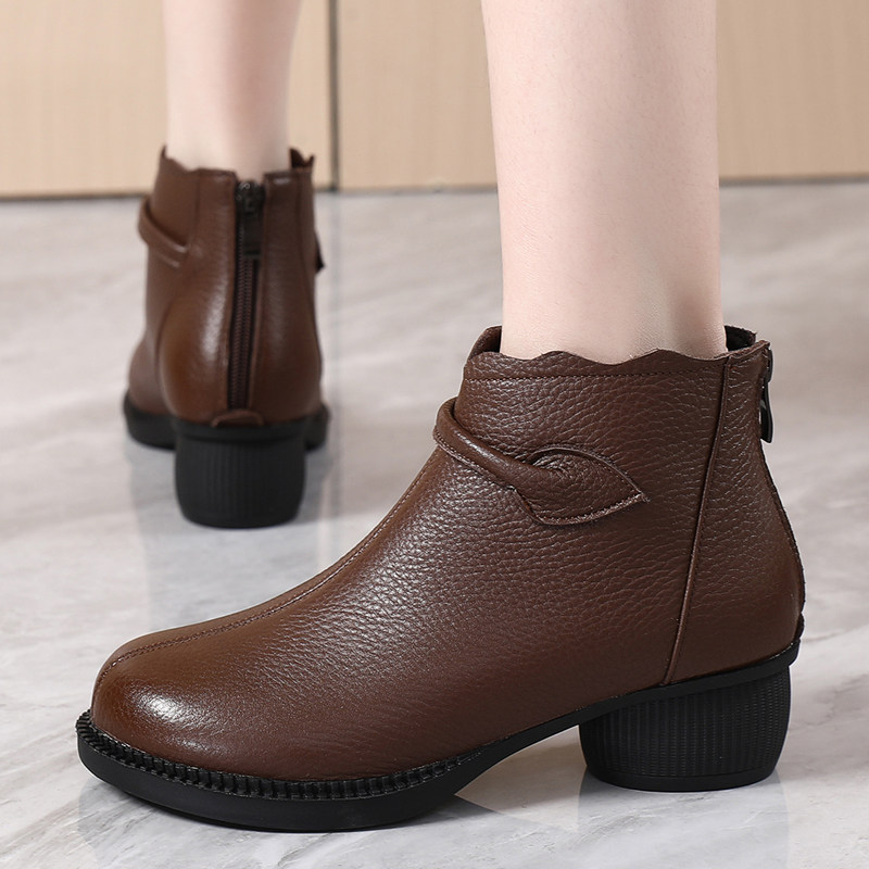 全真皮粗跟短靴秋冬百搭软底妈妈鞋大码女靴脚肥圆头米色加绒棉鞋,淘宝优惠券,粉丝福利购,淘宝优惠卷