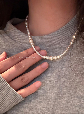 碎银子珍珠项链高级感轻奢小众锁骨链个性时尚毛衣链2025新款颈链