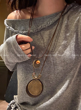 波西米亚异域民族风吊坠项链复古设计感小众木头秋冬毛衣链锁骨链