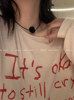 复古山茶花皮绳项链女