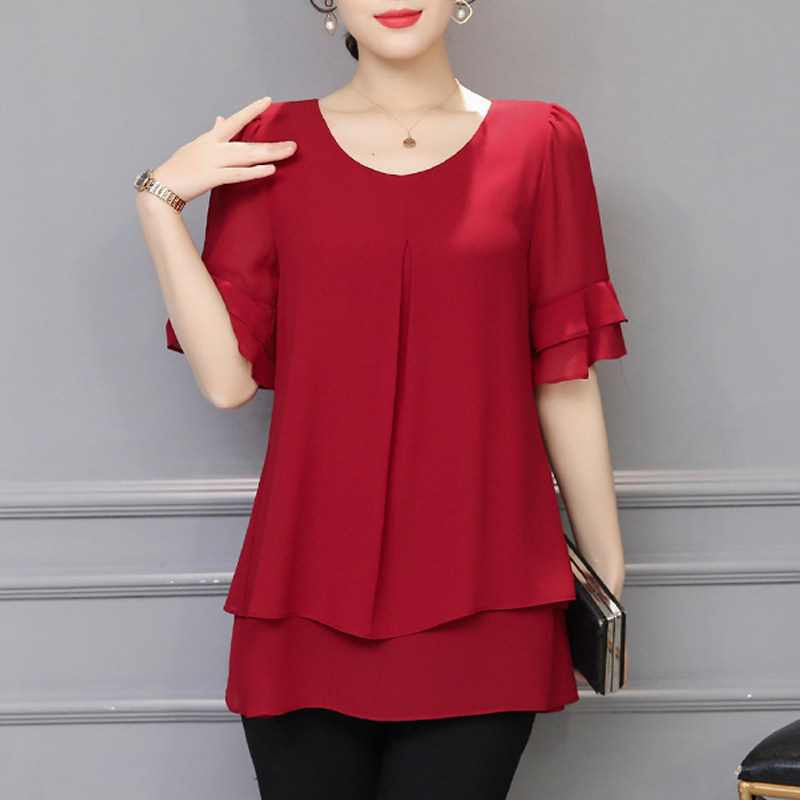 大码胖mm遮肚女短袖洋气妈妈雪纺衫 mantilisha蔓缇莉莎蕾丝衫/雪纺衫