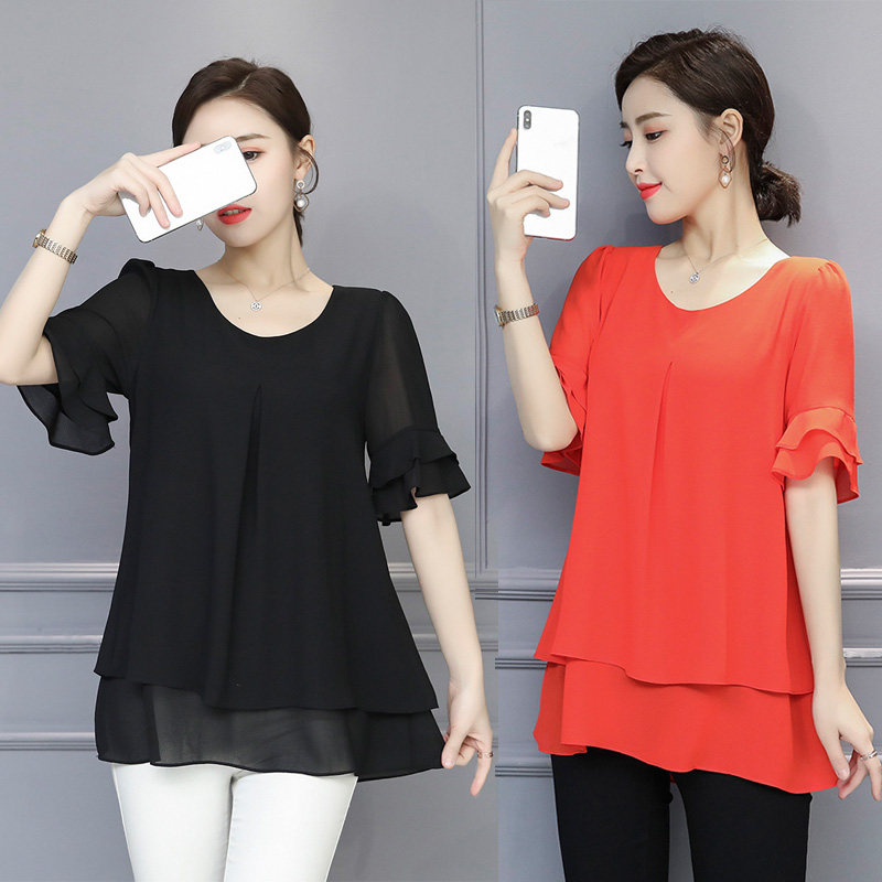 大码胖mm遮肚女短袖洋气妈妈雪纺衫 mantilisha蔓缇莉莎蕾丝衫/雪纺衫