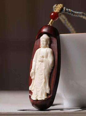 檀香紫檀小叶紫檀嵌猛犸雕刻大日如来佛吊坠挂件男女情侣同款项链