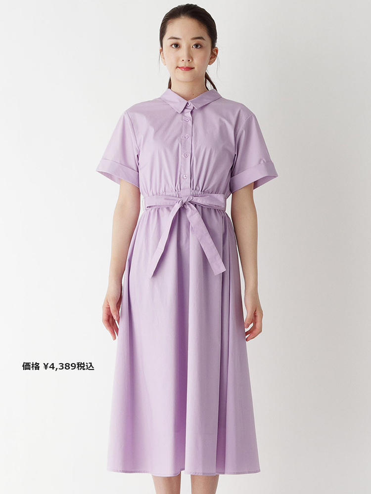出口日本外贸夏季女装涤棉简约大气纯色条纹腰带短袖衬衫领连衣裙-图0