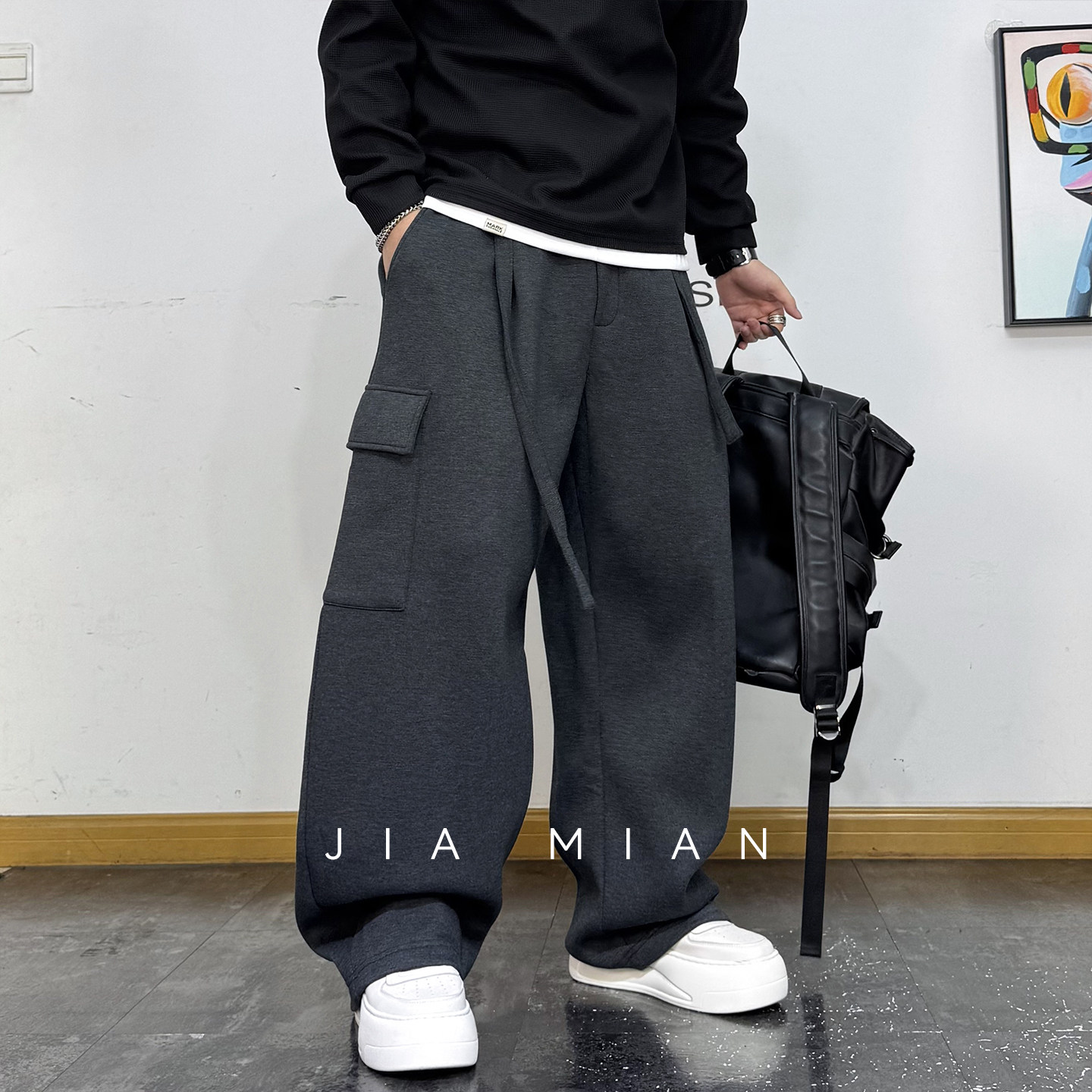 美式工装风宽松休闲加绒加厚卫裤男冬季直筒多口袋百搭阔腿长裤,淘宝优惠券,粉丝福利购,淘宝优惠卷