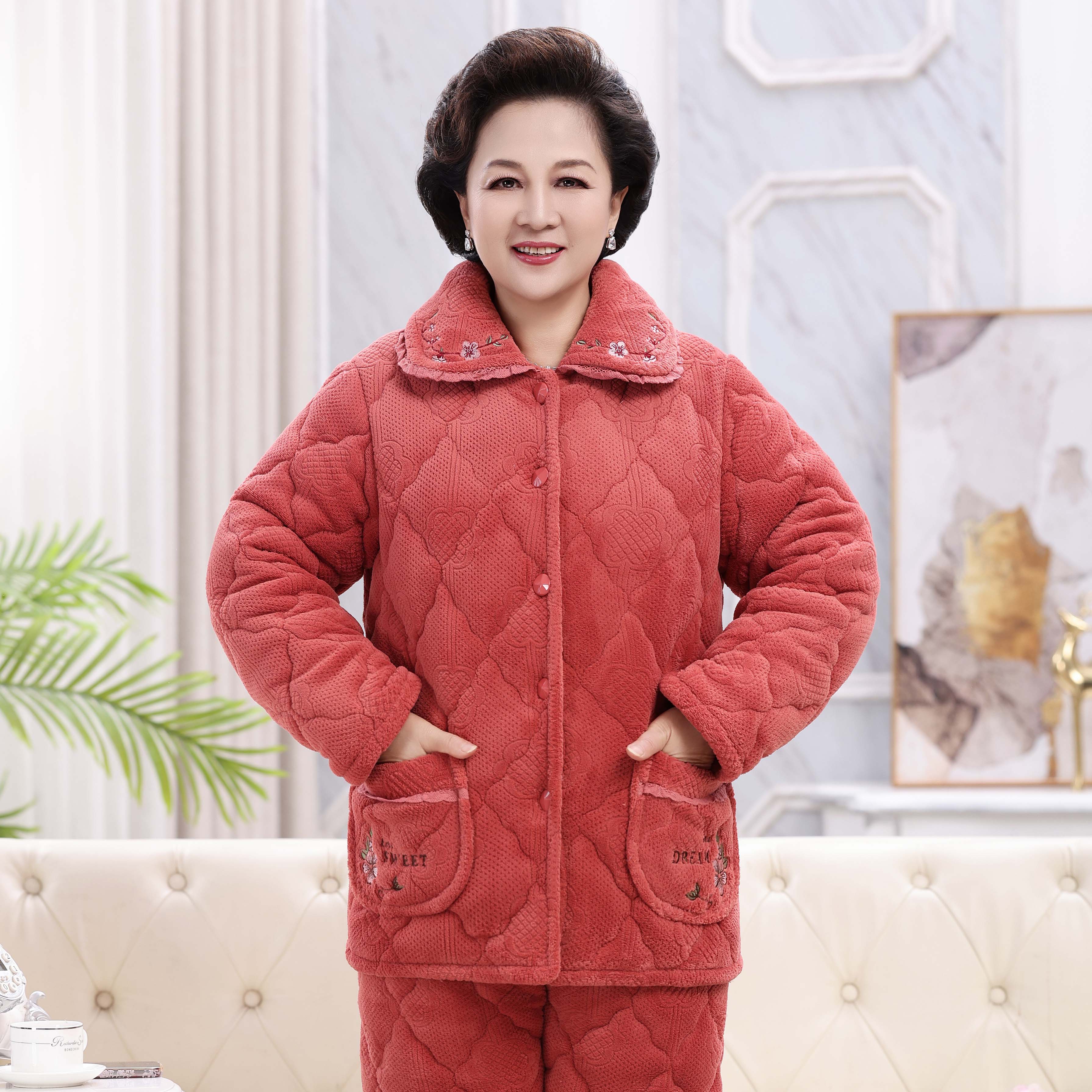 冬季棉服夹棉中老年大码睡衣女牛奶绒保暖家居加厚加绒妈妈套装 - 图3