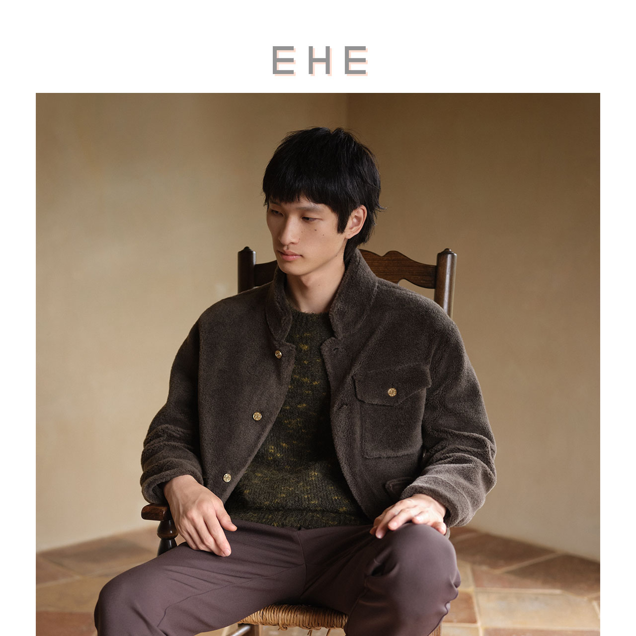 EHE男装 冬季新款100%绵羊毛多口袋设计保暖合体立领皮毛服男 - 图3