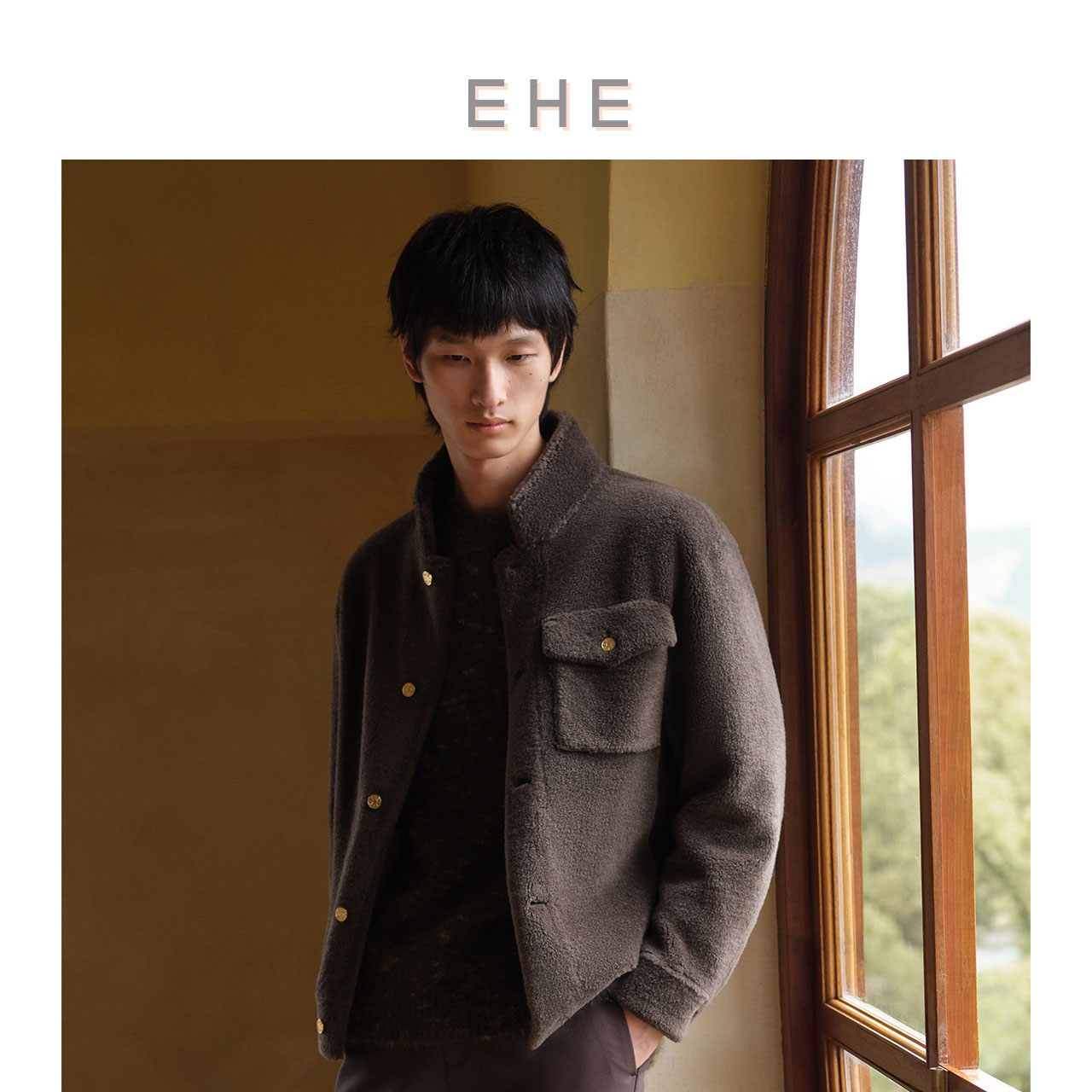 EHE男装 冬季新款100%绵羊毛多口袋设计保暖合体立领皮毛服男 - 图0