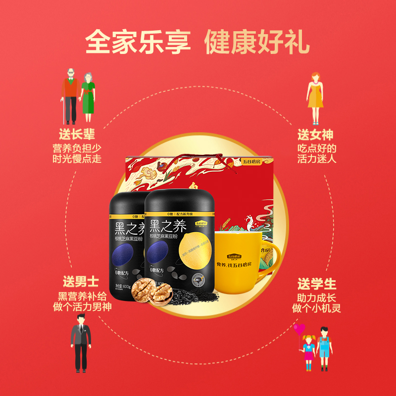 【烈兒寶貝直播間】五谷磨房黑之養核桃芝麻黑豆粉無糖禮盒送禮_五谷磨房官方旗艦店_咖啡_麥片_沖飲
