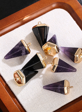 天然紫水晶黑曜石六角锥吊坠挂件