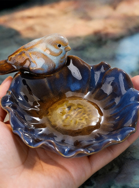 窑变蓝釉陶瓷小鸟收纳碟创意花形