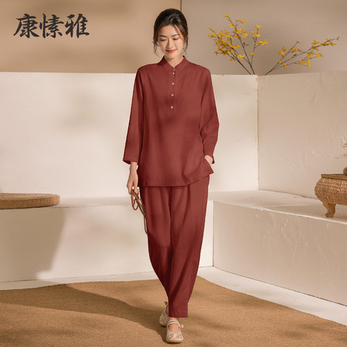 康愫雅仙气棉麻瑜伽服秋冬禅修服女两件套套装新款禅意居士服长袖 - 图1