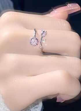 柘城钻石钻石之乡新款粉锆玫瑰花戒指女森系轻奢百搭手饰超仙少女
