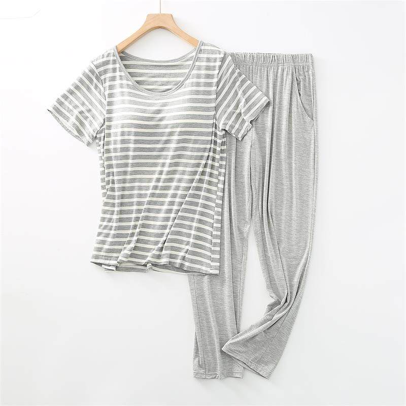 莫代尔女夏带胸垫半袖条纹宽松版大码短袖睡衣长裤家居服运动套装,淘宝优惠券,粉丝福利购,淘宝优惠卷