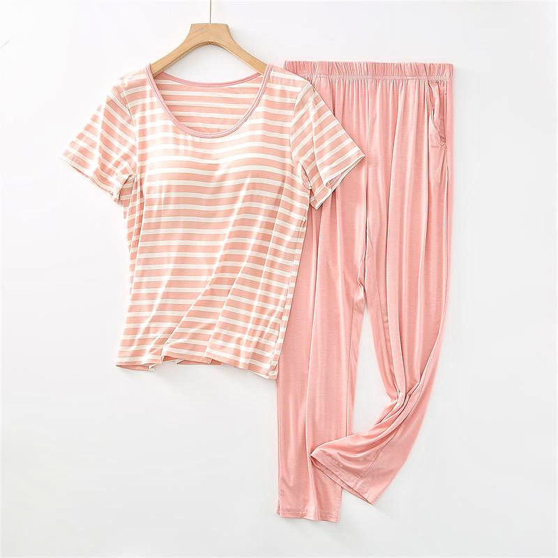 莫代尔女夏带胸垫半袖条纹宽松版大码短袖睡衣长裤家居服运动套装,淘宝优惠券,粉丝福利购,淘宝优惠卷