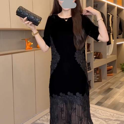夏季薄款法式拼接蕾丝设计感半袖长裙宽松气质显瘦裙子连衣裙女 - 图3