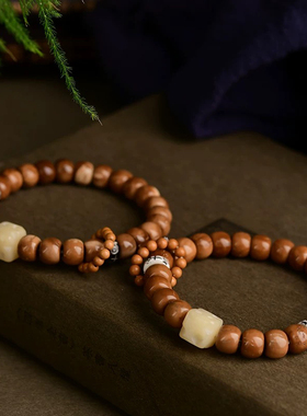 天然库克菩提老型珠单圈手串搭配橄榄核跑环菩提奶酪