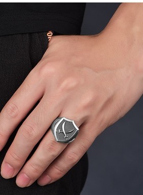 欧美复古双刀盾牌藏银戒指男女个性开口饰品情侣镀银指环礼物戒子