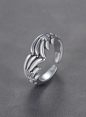 日韩复古天使翅膀守护怀抱藏银戒指女士个性开口饰品素银指环礼物