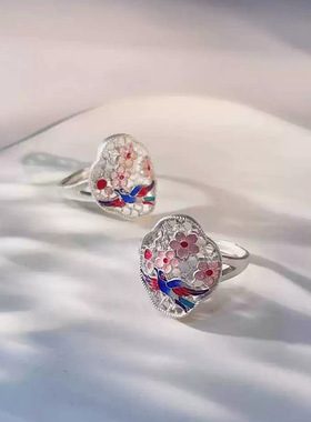 国潮三朵桃花燕归来藏银戒指