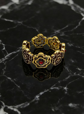 日韩复古黑金玫瑰藏银戒指女士个性镂空时尚开口饰品素银指环礼物