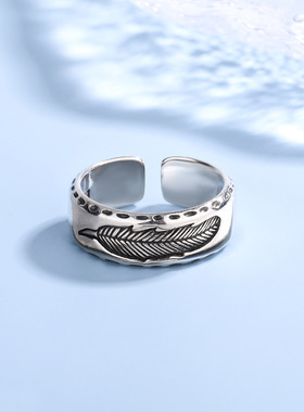 欧美复古光面羽毛藏银戒指男女个性时尚嘻哈开口饰品情侣素银指环