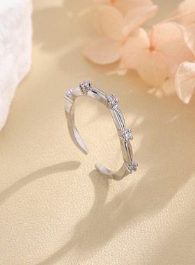 日韩复古交织水钻藏银戒指女士线条波浪关节开口饰品简约扭绳指环