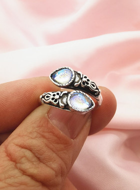 欧美复古月光石藏银戒指