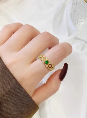 宫廷风时尚新款镂空气质简约祖母绿镶钻开口戒指女百搭可调节指环