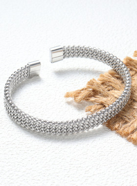 欧美跨境INS时尚新款个性钢丝网格开口手镯钛钢镀18K金轻奢手环女