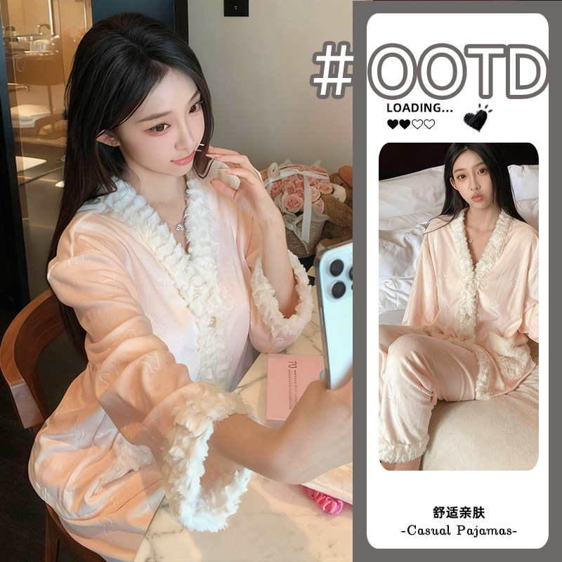 2026冬季新款韩版纯色高级感压花睡衣女生秋冬德绒薄款开衫家居服,淘宝优惠券,粉丝福利购,淘宝优惠卷