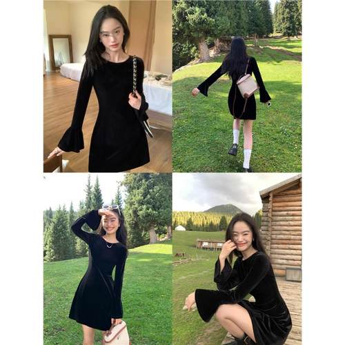 黑色丝绒连衣裙春秋高级感气质复古长袖喇叭袖小黑裙收腰短裙 - 图0