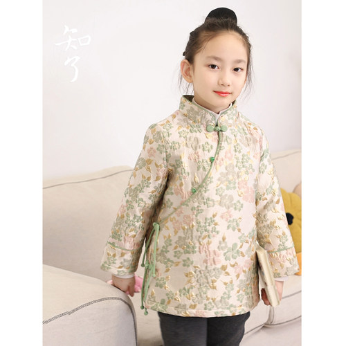 知了童装 秋冬浮雕锦缎中式棉外套女童国风唐装棉衣宽松棉袄55617 - 图0