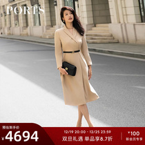 (bloggers same style) PORTS Baopose Womens dress suit Liandress Dress Walnuts with Peach Wood Color Temperament Commute Wind Wool Dress